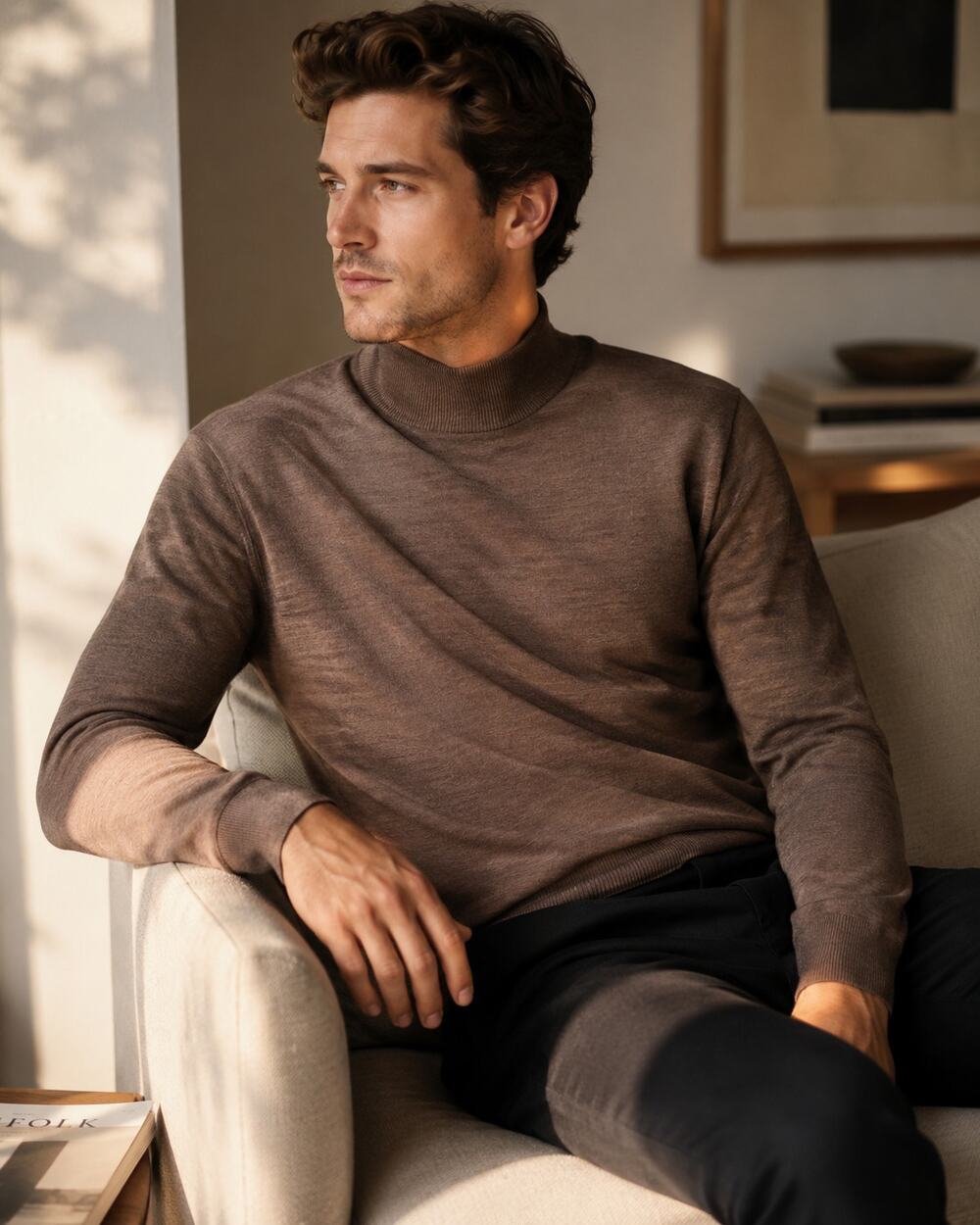 MNG MAN size Medium Shirt Extrafine Merino Wool Rolled Neck Long Sleeves BROWN